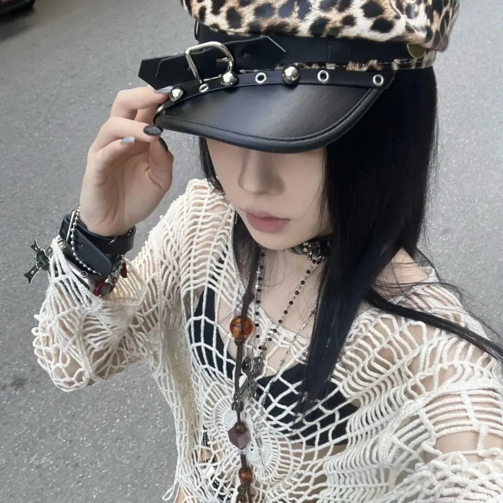 Fashion Sex Rivet Leopard Hat Punk Gothic Y2k Beret Hat Harajuku Pu Leather Flat Top Cap for Girls