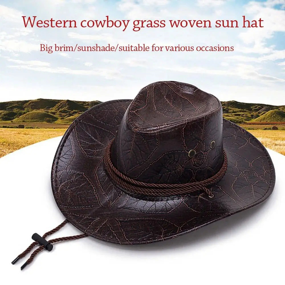 Leather Cowboy Hat Fashion Western Jazz Sun Visors Outdoor Summer Sun Hats Large Grassland Visors Men Women