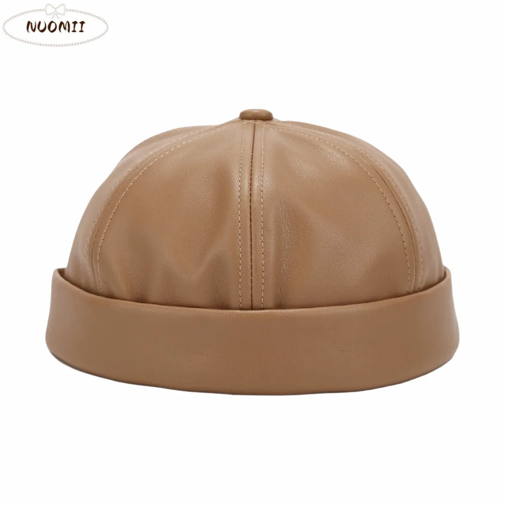 Casual Leather Brimless Round Landlord Hat Solid Color Retro Melon Skin Hat Simplicity Adjustable Trendy Cap Winter