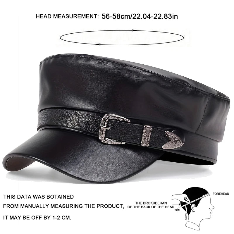 Fashion Women Large Belt Buckle Leather Hat Spring Autumn Sailor Hats Black Ladies Beret Caps Men Flat Top Captain Military Caps