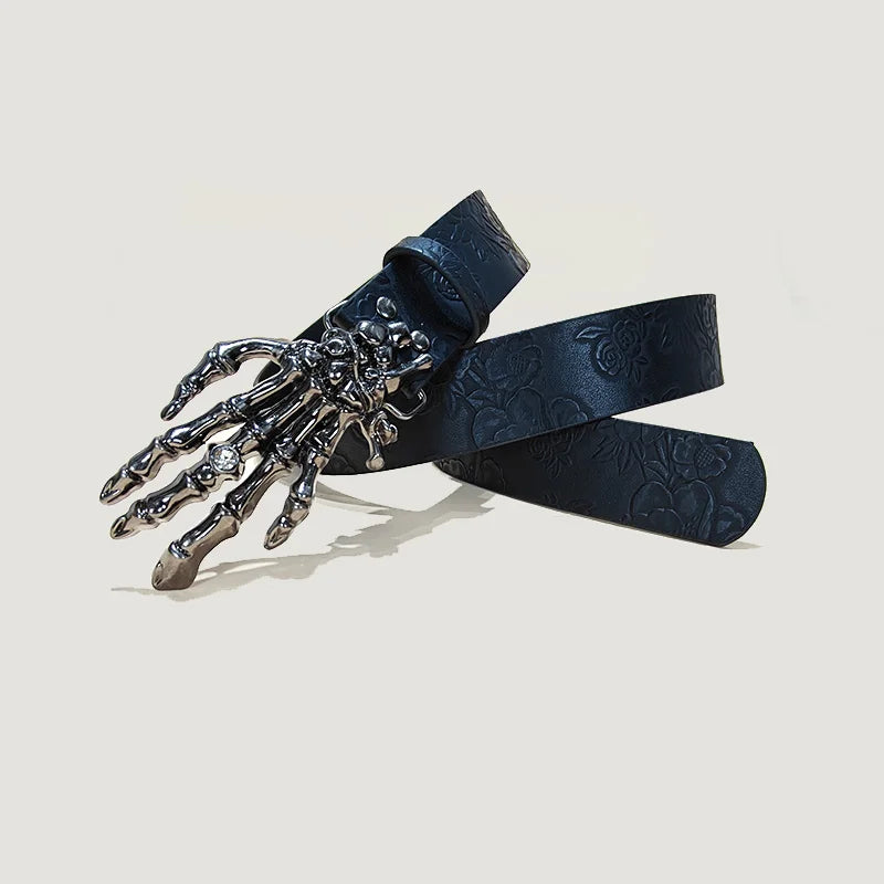 Punk Skull Plus size Leather Belt For women and men Harajuku Gothic Y2K Embossed Skeleton Hand Decoration Halloween Accessories