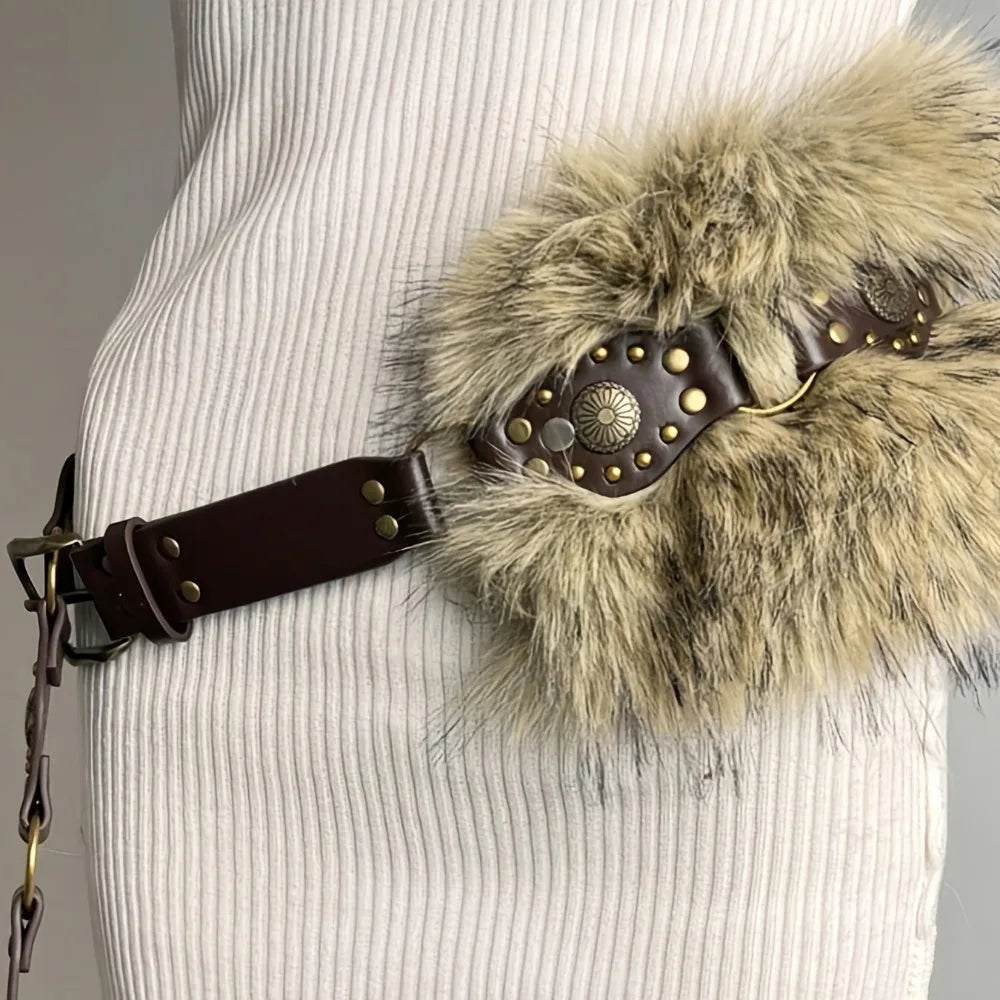 Fashion Women's Faux Fur Belt Rivet Leather Belts for Pants and Coats Brown and Black Y2K Girls' Belt