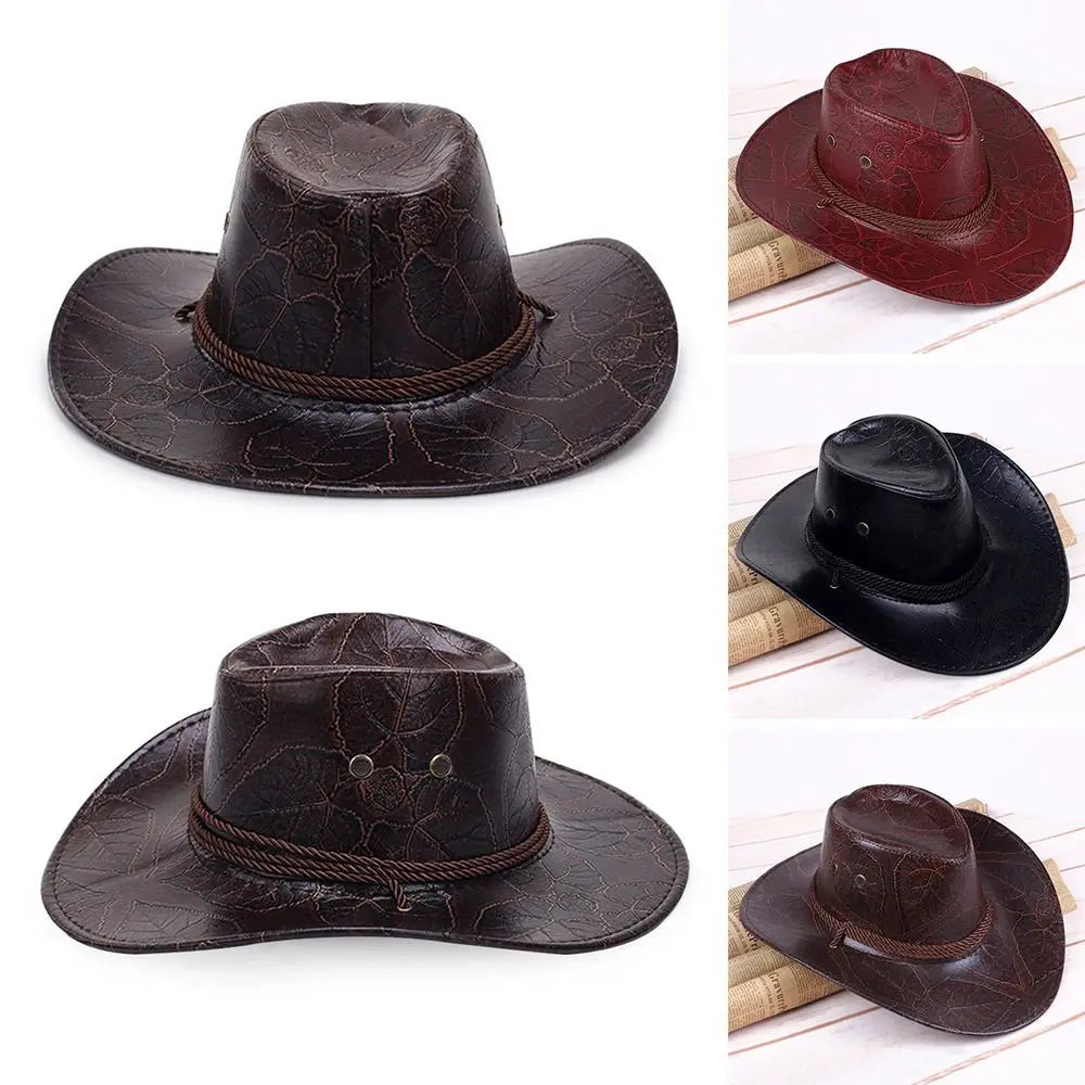 Leather Cowboy Hat Fashion Western Jazz Sun Visors Outdoor Summer Sun Hats Large Grassland Visors Men Women
