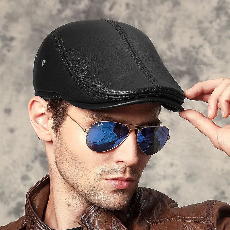 Men's outdoor leather hat winter Berets male warm Ear protection cap 100% genuine leather dad hat wholesale Leisure bone