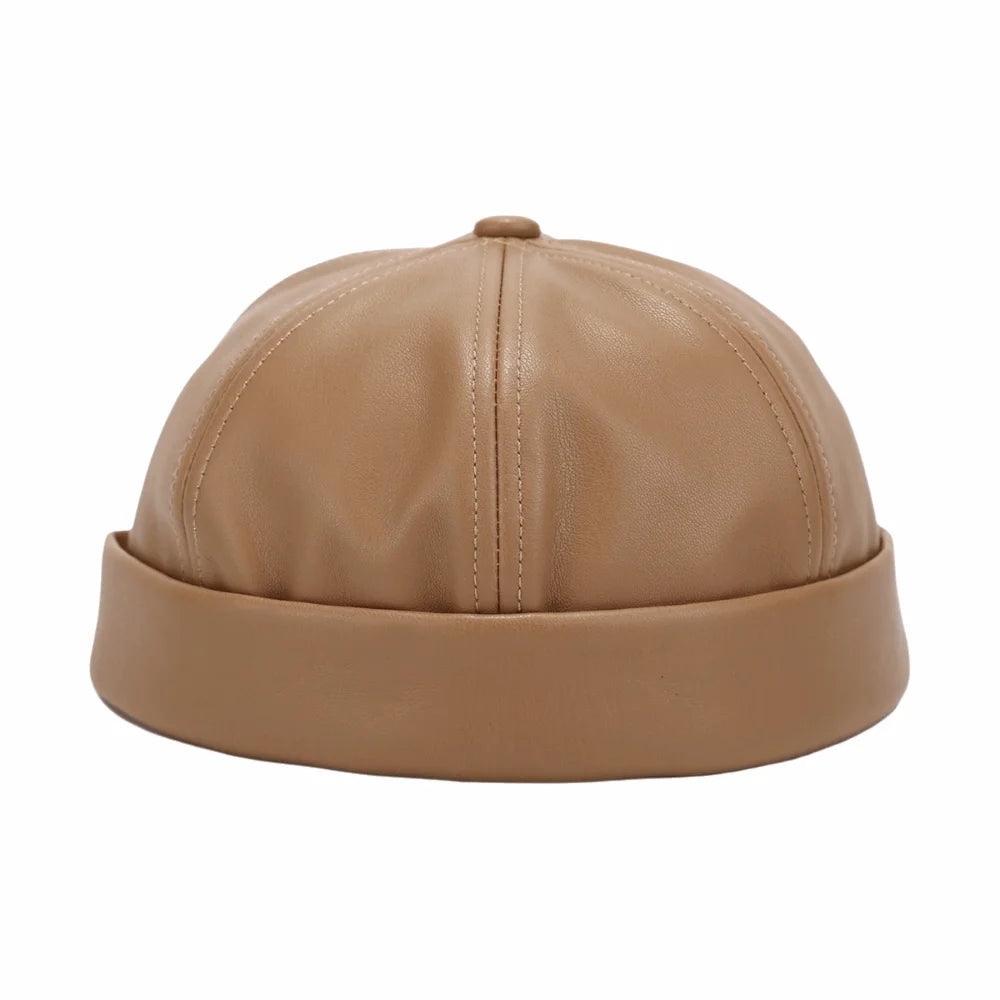 Casual Leather Brimless Round Landlord Hat Solid Color Retro Melon Skin Hat Simplicity Adjustable Trendy Cap Winter