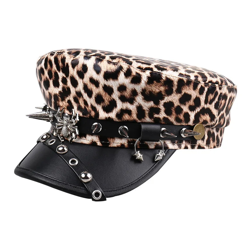 Women's Vintage Leather Beret Hat with Leopard Print Silver Rivets Slimming Face Daily Fashion Caps for Oval Round Face