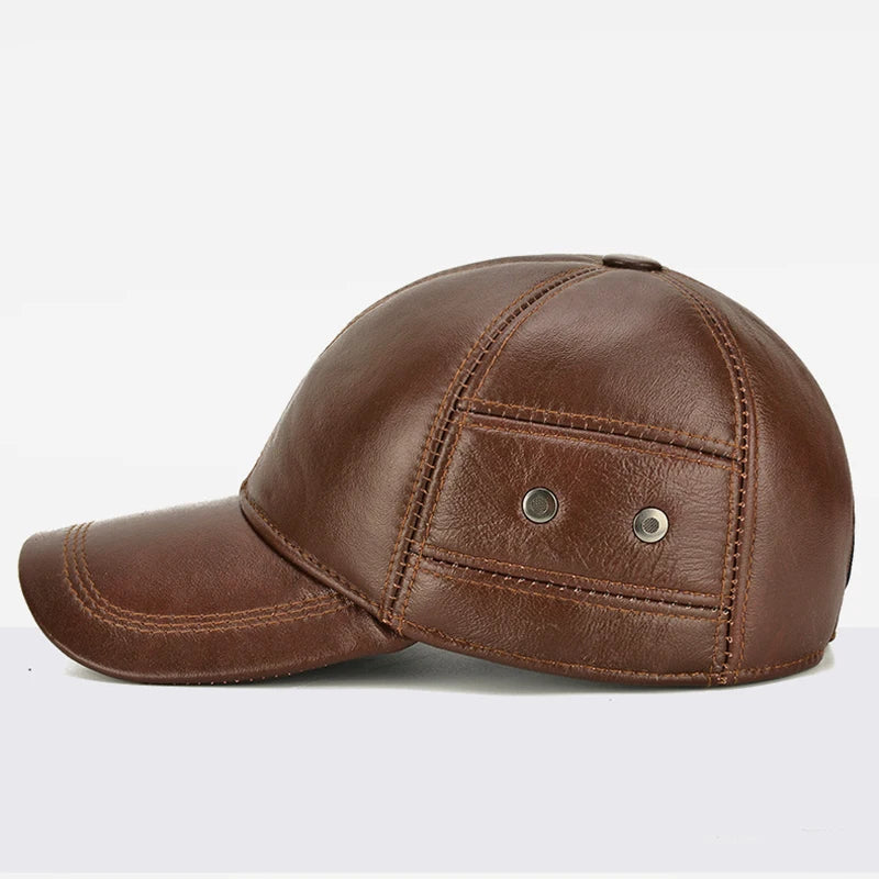 2026 New Style Men Cowhide Hat Winter Warm Outdoor Protect Ear Real Leather Adjustable Baseball Cap Men Real Cowhide Leather Cap