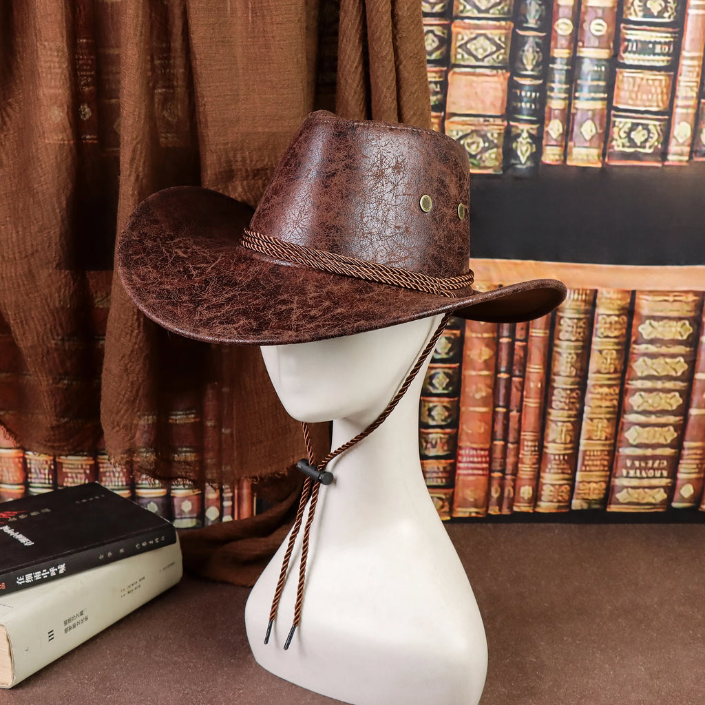 Rustic Cowboy Hat for Men & Women - Retro Western Style PU Leather Hat, Lightweight Durable, Unisex Outdoor & Casual Wear