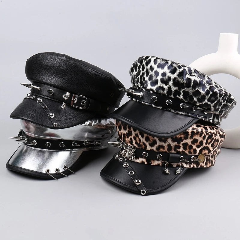 Women's Vintage Leather Beret Hat with Leopard Print Silver Rivets Slimming Face Daily Fashion Caps for Oval Round Face