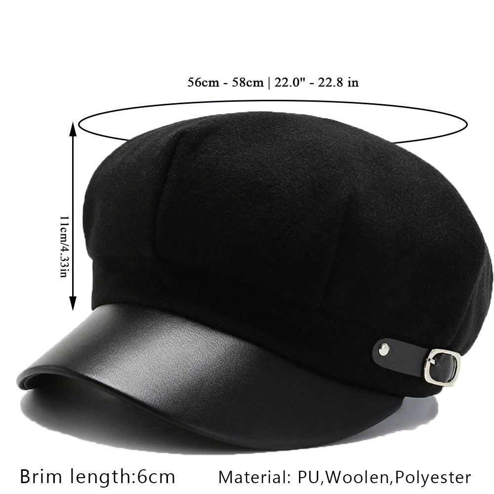 British Style Berets Visor Pu Leather Flat Top Hat Retro Black Painter Hat Classic Versatile Adjustable Beret Casual Sun Hats