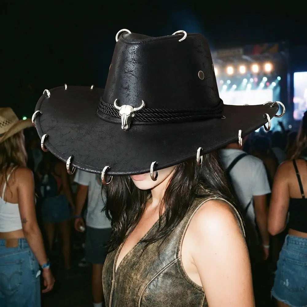 Fashion Wide Brim Western Cowboy Hat Pu Leather Ethnic Style Panama Cap Punk Solid Color Jazz Hat Ladies