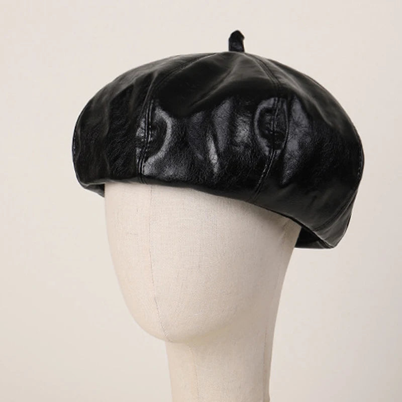Faux Leather Beret Women Hat Cap Autumn Winter Warm Accessory For Outdoor Spring