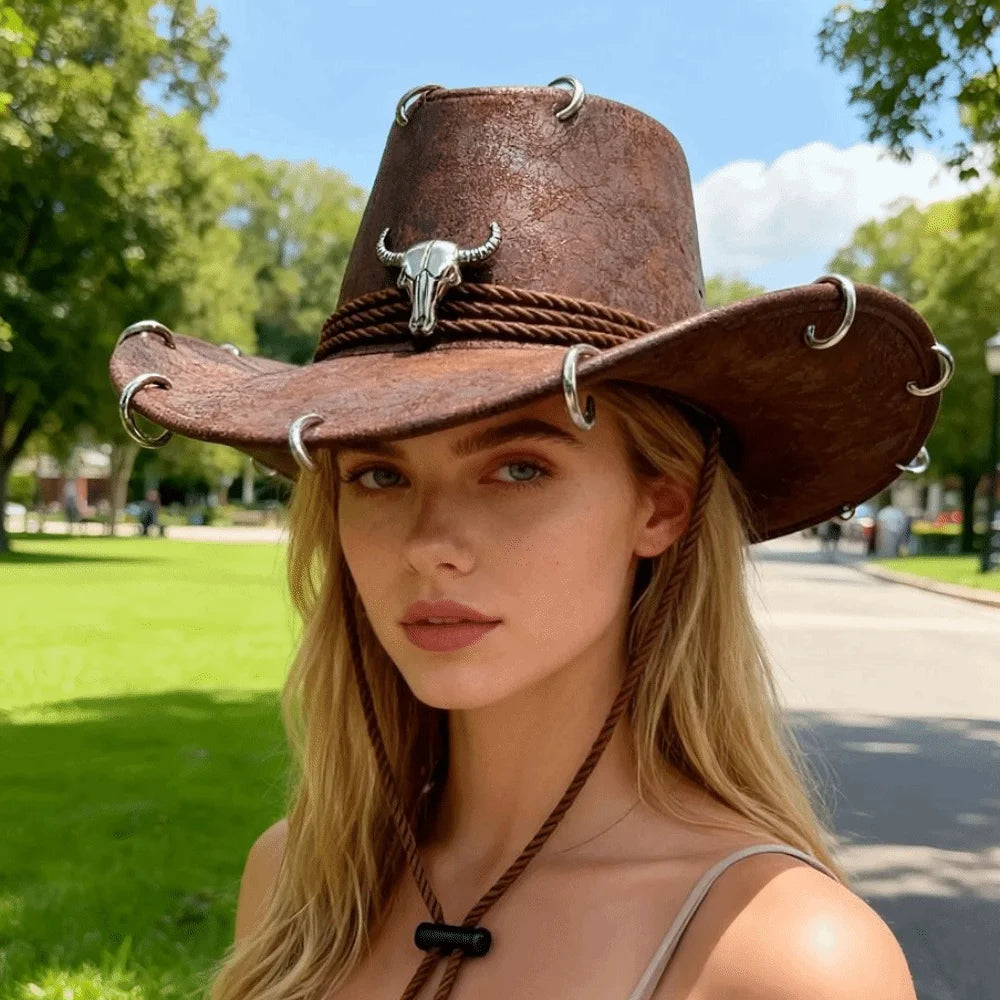 Fashion Wide Brim Western Cowboy Hat Pu Leather Ethnic Style Panama Cap Punk Solid Color Jazz Hat Ladies