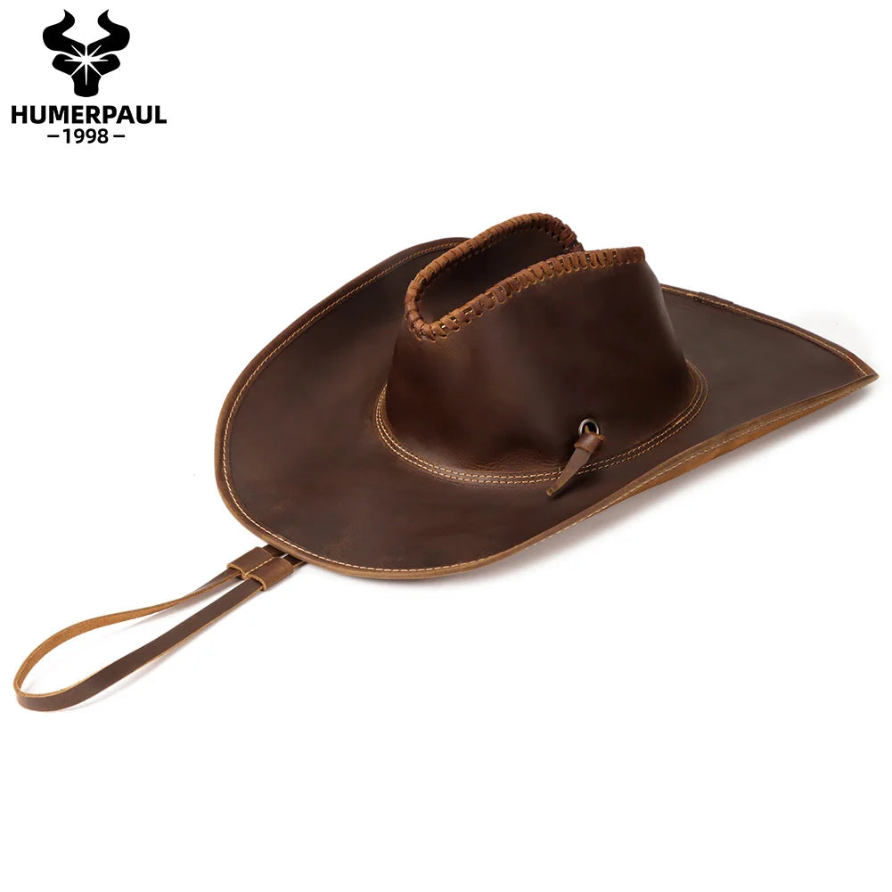 Handcraft Shapeable Western Cowboy Hat Crazy Horse Leather Retro Knight's Cap British Outdoor  Horse Riding Hat Old Style