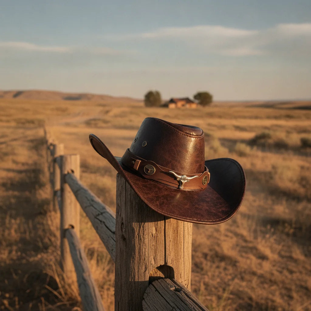 Fashion Bull Head Buckle Western Cowboy Hat Vintage Retro Faux Leather Cowboy Hat Wide Brim Sun Hat For Men Women Unisex