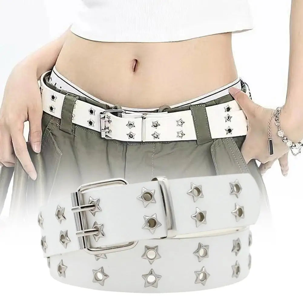 Y2K Punk Rivet Leather Belts  Star PU Black White Waist Strap Double Row Hollow For Jeans Skirt Decor Gothic Waistband