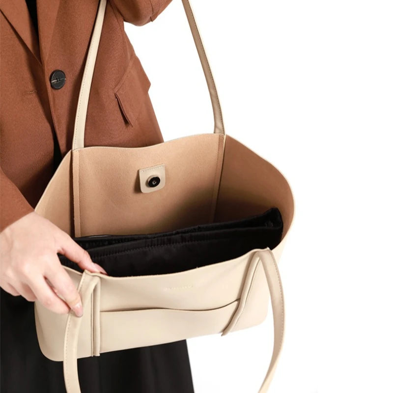 Genuine Leather Tote Bag for Women Commute Large Bag with Detachable Pouch & Shoulder Strap Logo-Free Minimalist Quiet Luxury
