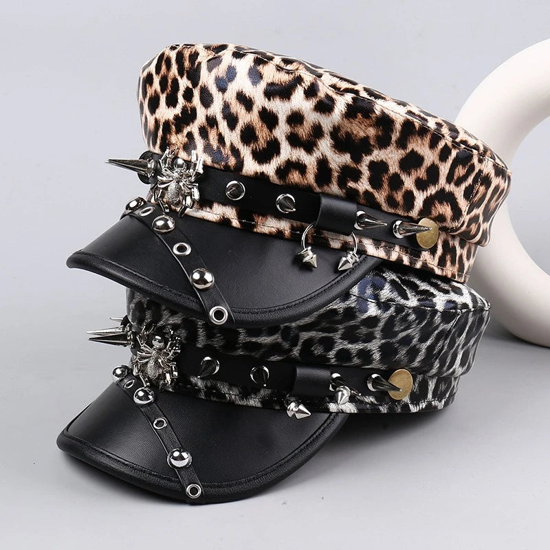 Women's Vintage Leather Beret Hat with Leopard Print Silver Rivets Slimming Face Daily Fashion Caps for Oval Round Face
