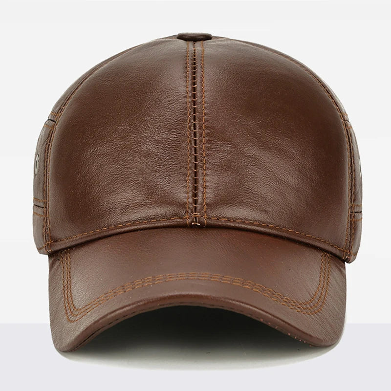 2026 New Style Men Cowhide Hat Winter Warm Outdoor Protect Ear Real Leather Adjustable Baseball Cap Men Real Cowhide Leather Cap