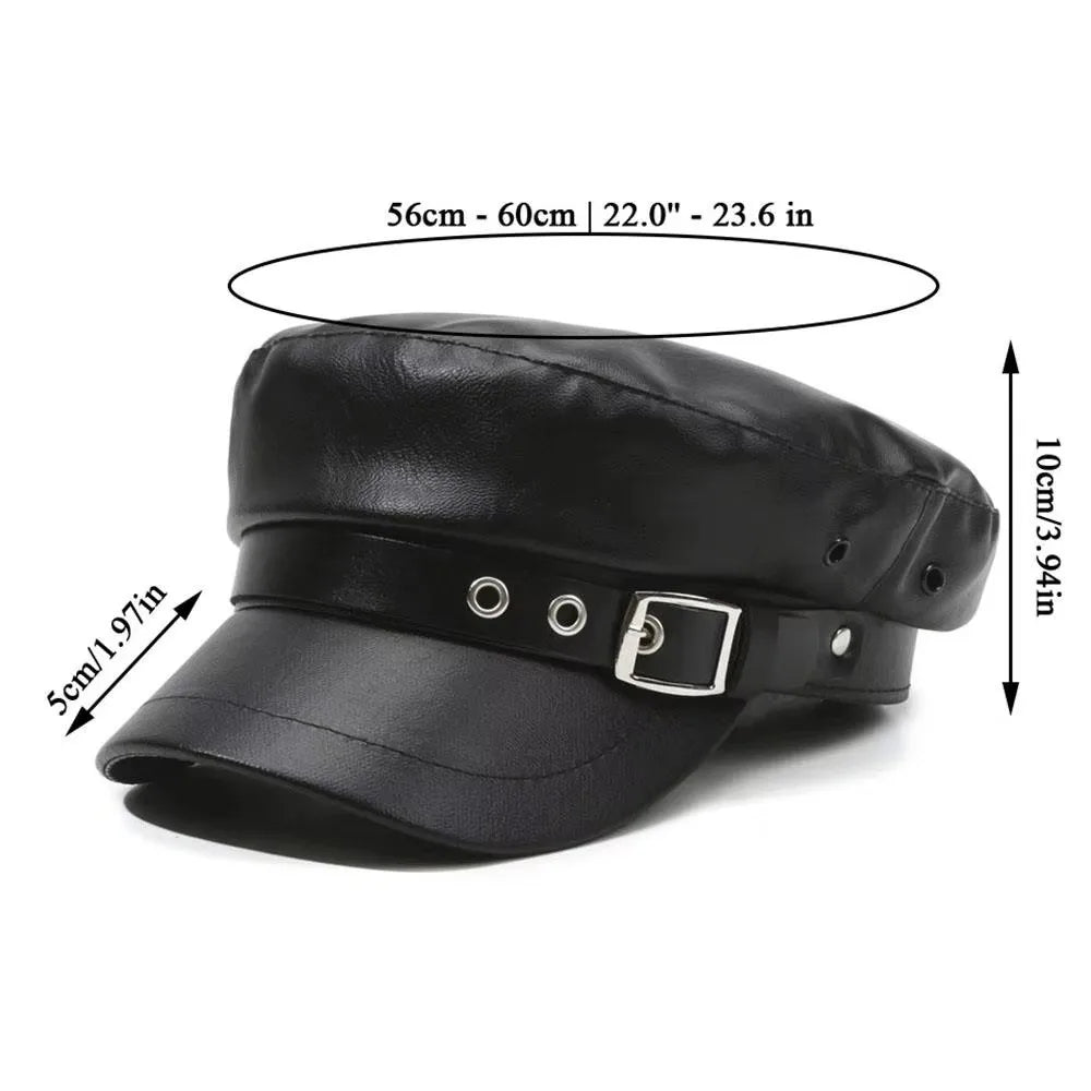 Classic Flat Top Beret Hat Black PU Leather Sailor Visor Hat Punk Style Adjustable Painter Hat