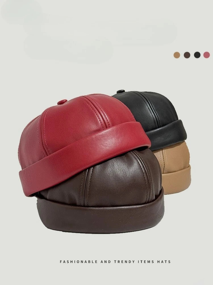 PU Leather Driver Hat Retro Round Top No Brim Japanese Style Skull Cap for Daily Hiphop Street Fashion Unisex for Men and Women