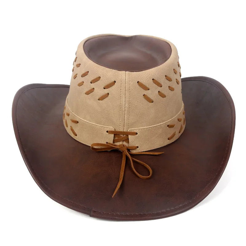 Classic Western Men's Cowboy Hat Women Cowgirl Cap Faux Leather Black Outdoor Gentleman Sombrero Hombre With Windproof Rope