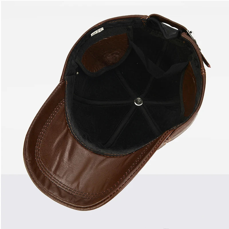 2026 New Style Men Cowhide Hat Winter Warm Outdoor Protect Ear Real Leather Adjustable Baseball Cap Men Real Cowhide Leather Cap