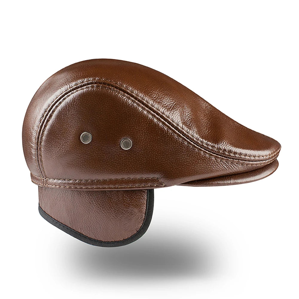 Men's outdoor leather hat winter Berets male warm Ear protection cap 100% genuine leather dad hat wholesale Leisure bone