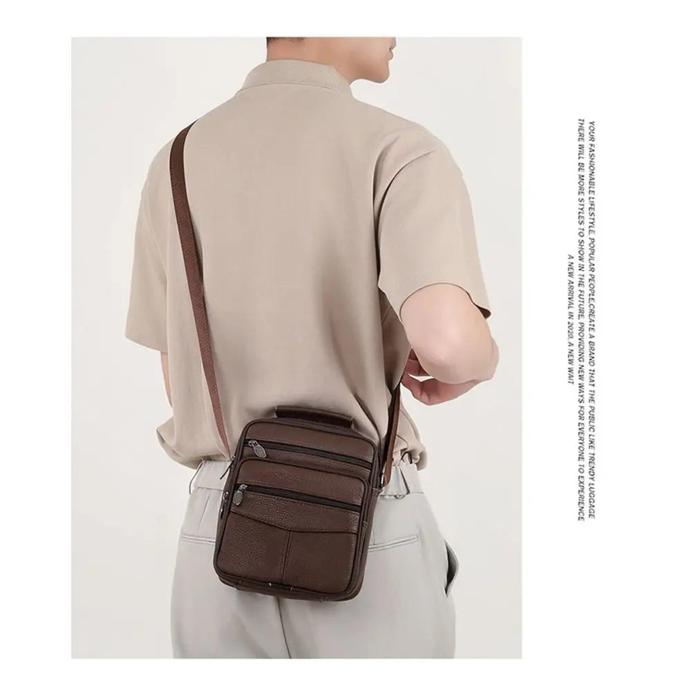 Natural Leather Men's Leather Handbag Small Size Tablet Compartment Genuine Leather Shoulder Bag Shoulder Strap Messenger Style