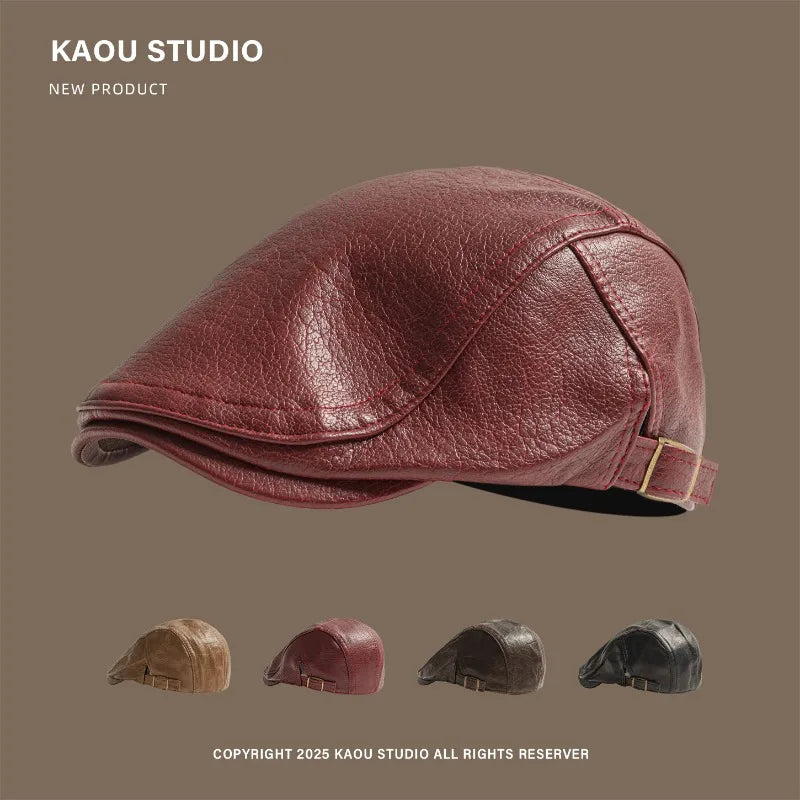 American Retro Leather Forward Hat Men's and Women's Autumn and Winter British Big Head Short Brim Literary Newsboy Caps
