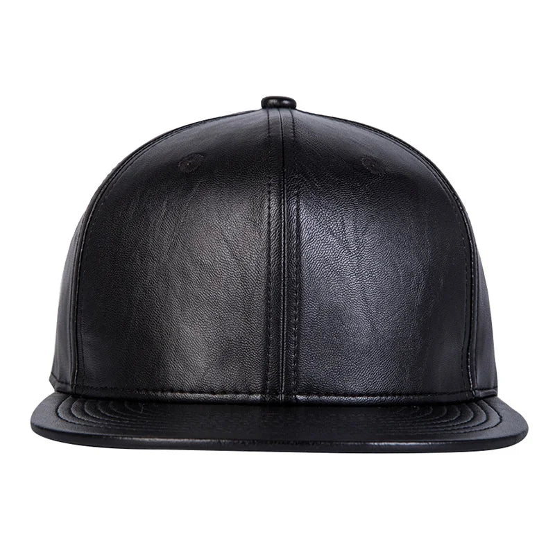 Hip hop hat men's street versatile Black Leather Flat brimmed hat