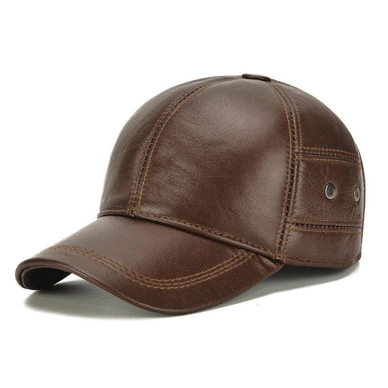 2026 New Style Men Cowhide Hat Winter Warm Outdoor Protect Ear Real Leather Adjustable Baseball Cap Men Real Cowhide Leather Cap
