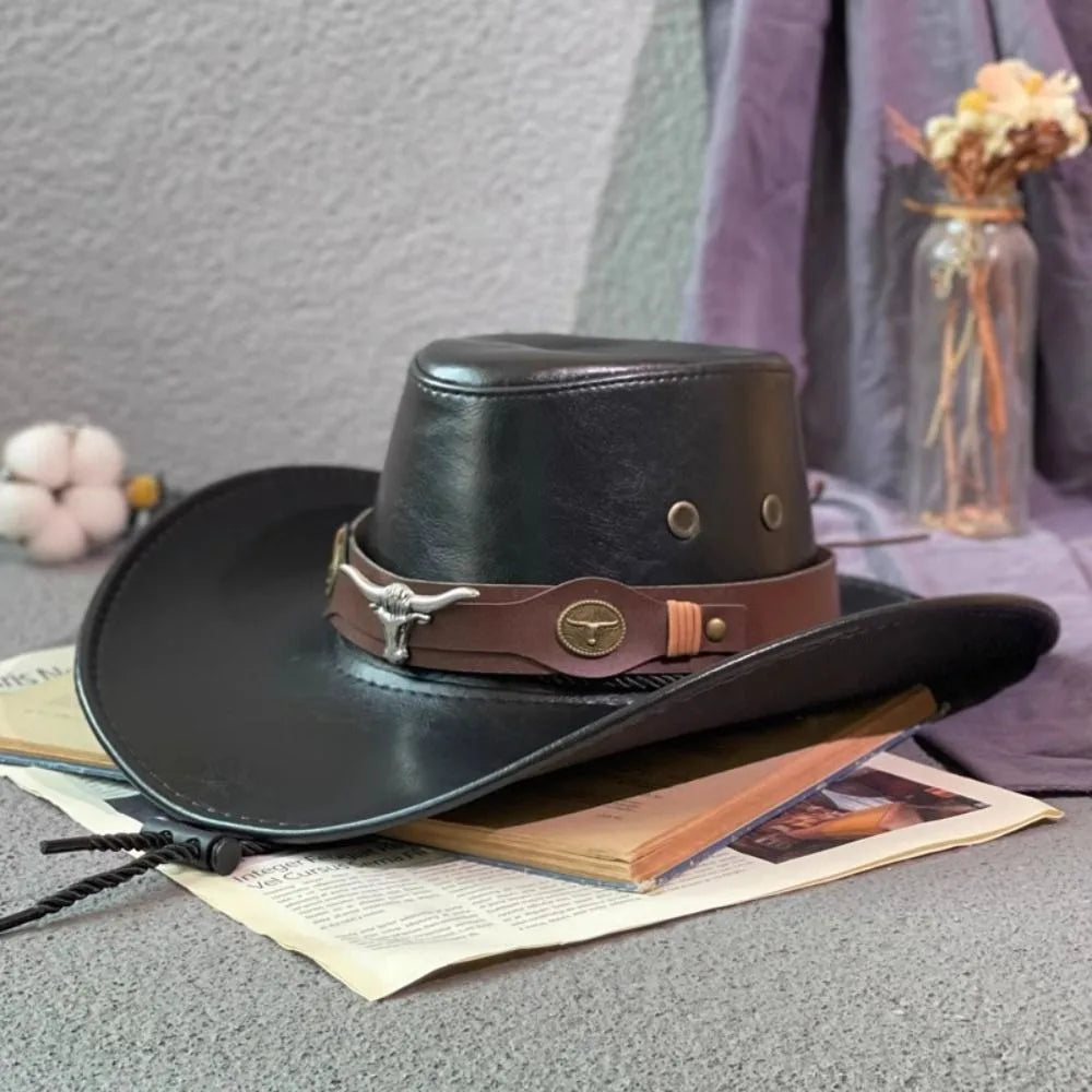 PU Leather Western Cowboy Hat Drawstring Outdoor Travel Hat Sunscrean Bucket Cap Panama Hat Cowgirl Hat Fisherman Hat