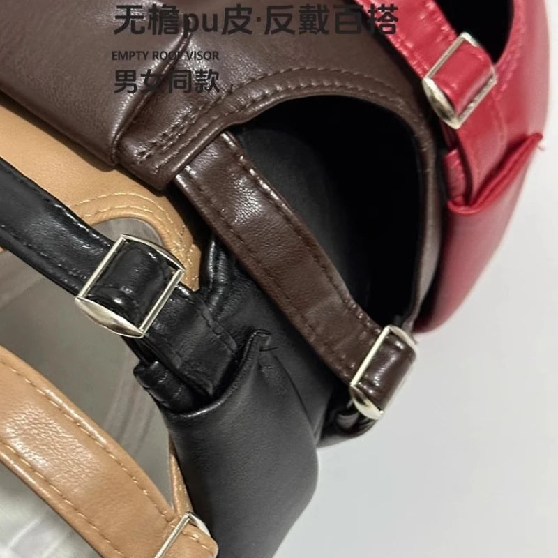 PU Leather Driver Hat Retro Round Top No Brim Japanese Style Skull Cap for Daily Hiphop Street Fashion Unisex for Men and Women