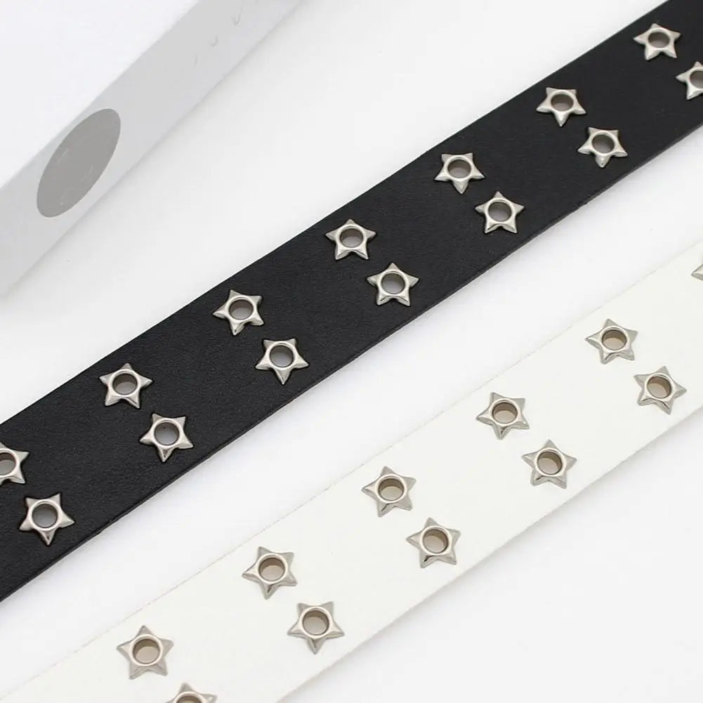 Y2K Punk Rivet Leather Belts  Star PU Black White Waist Strap Double Row Hollow For Jeans Skirt Decor Gothic Waistband