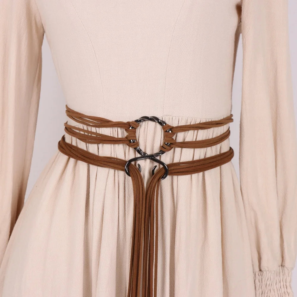 Women'S Vintage Bohemian Long Rope Belt - Adjustable Braided Waist Cinch with Fringe & Loop Knot, Handcrafted Look for Halloween