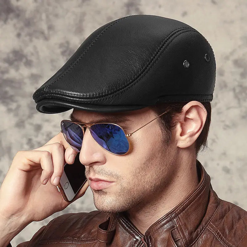 Men's outdoor leather hat winter Berets male warm Ear protection cap 100% genuine leather dad hat wholesale Leisure bone