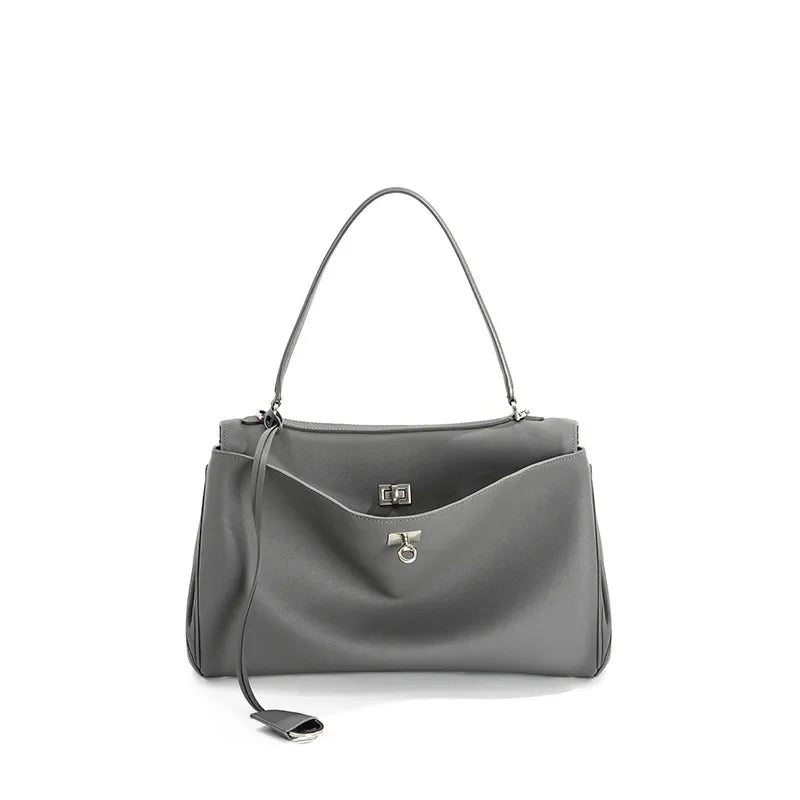 Genuine Leather Tote Bag with Buckle Closure, Large Capacity Underarm Shoulder Bag Designer Handbag Crossbody Purse for Women