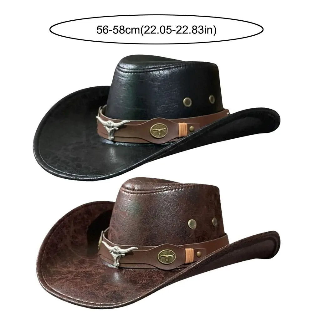Fashion Bull Head Buckle Western Cowboy Hat Vintage Retro Faux Leather Cowboy Hat Sun Protection Hat For Men Women Unisex