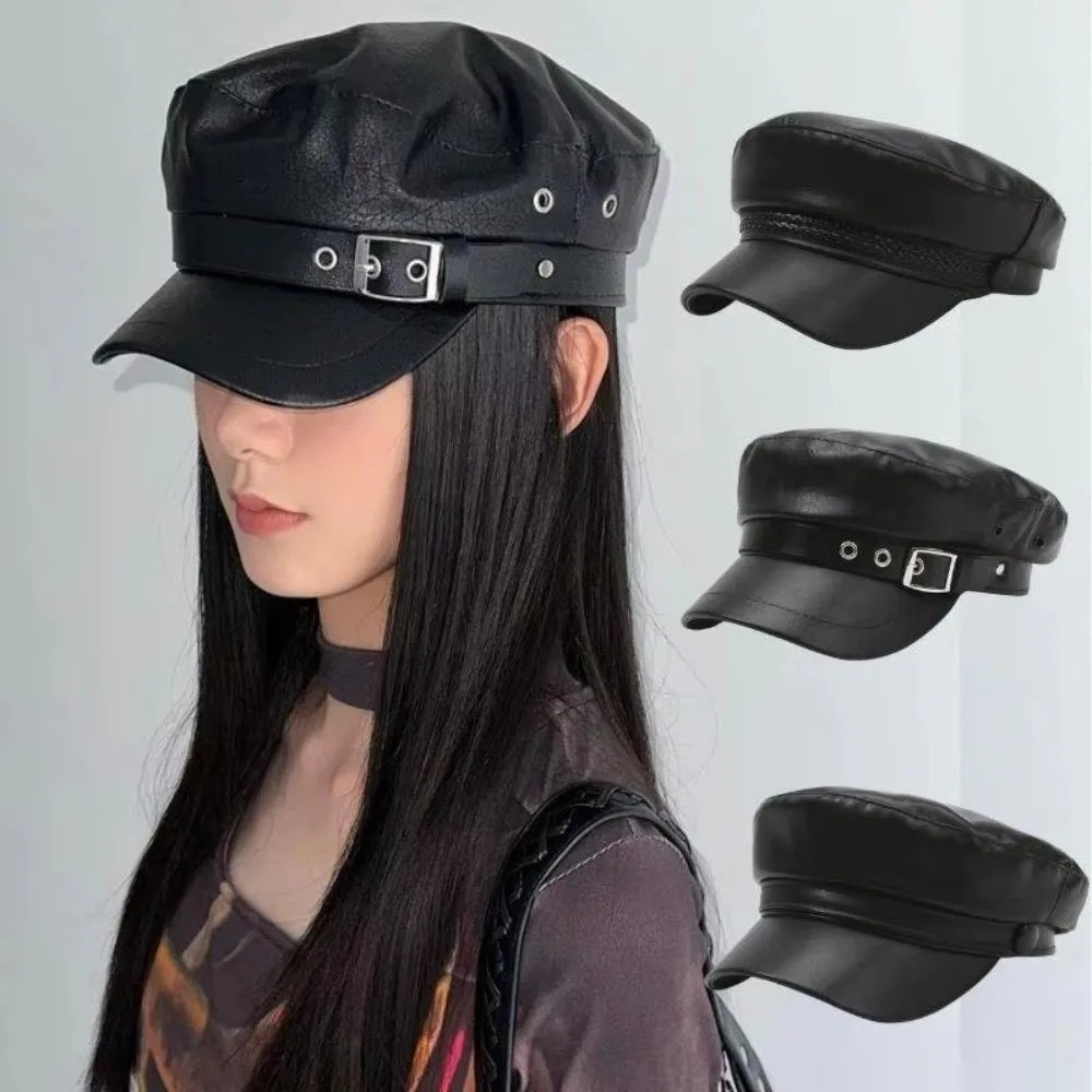 Classic Flat Top Beret Hat Black PU Leather Sailor Visor Hat Punk Style Adjustable Painter Hat