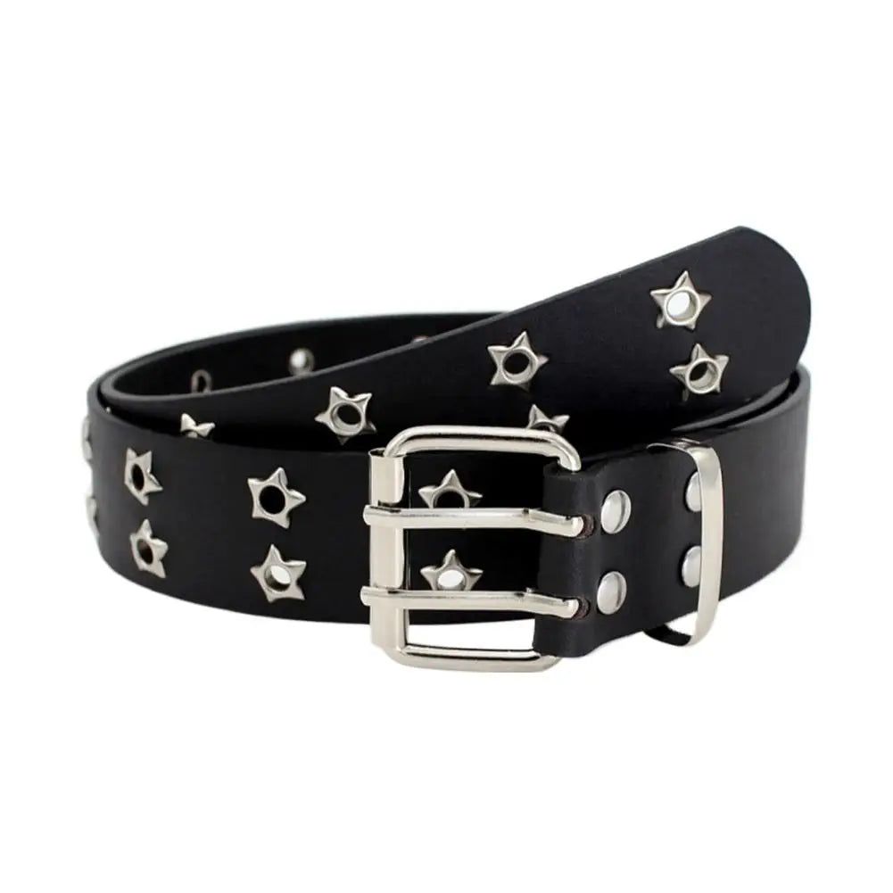 Y2K Punk Rivet Leather Belts  Star PU Black White Waist Strap Double Row Hollow For Jeans Skirt Decor Gothic Waistband