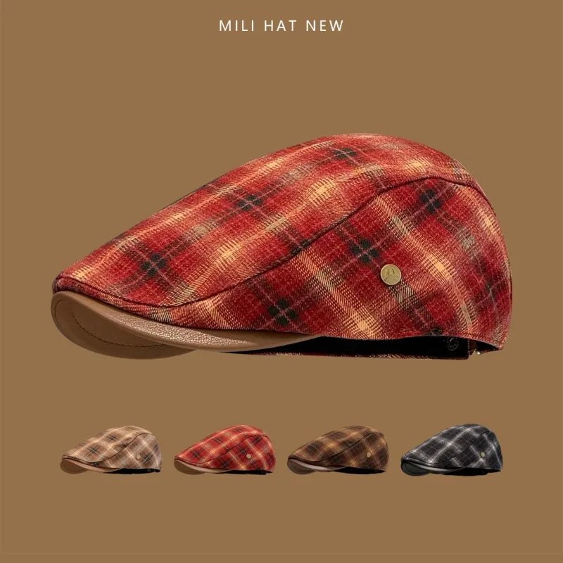 Classic Contrast Plaid Stitching PU Leather Brim Forward Hats Women Spring Autumn Street Trend Versatile Casual Literary Berets