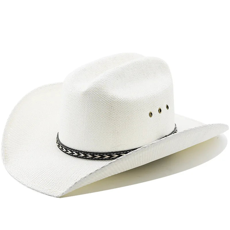 2026 Western Cowboy Hat with Braided Raffia Band, Handwoven Cavalier Style Trilby for Men Women Summer Vintage Leather Accent