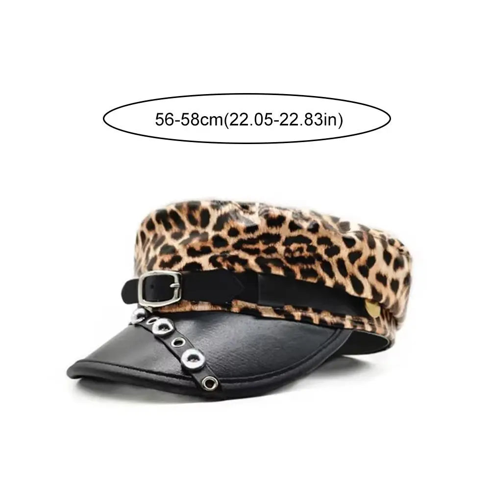 Fashion Sex Rivet Leopard Hat Punk Gothic Y2k Beret Hat Harajuku Pu Leather Flat Top Cap for Girls
