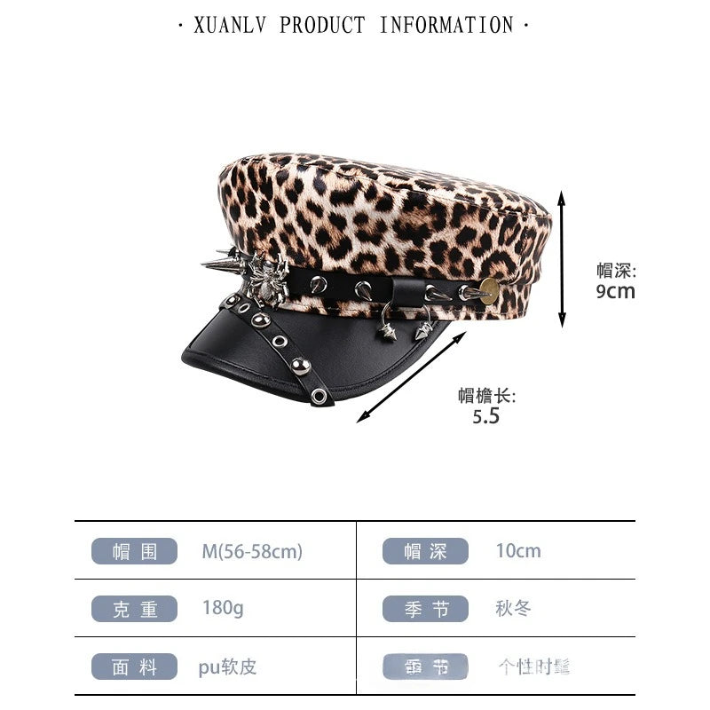 Women's Vintage Leather Beret Hat with Leopard Print Silver Rivets Slimming Face Daily Fashion Caps for Oval Round Face