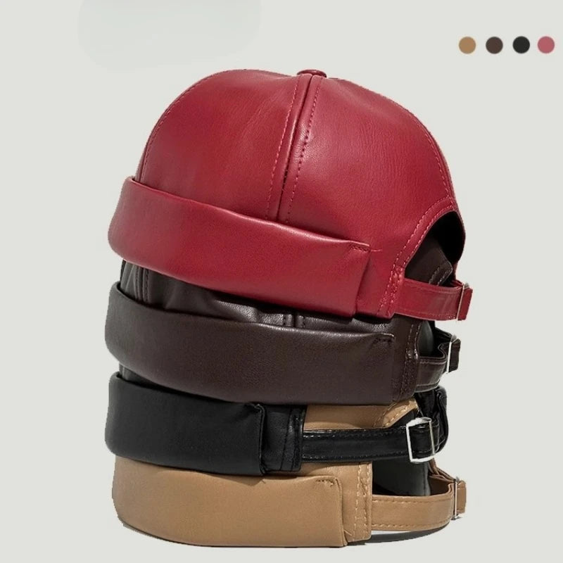 PU Leather Driver Hat Retro Round Top No Brim Japanese Style Skull Cap for Daily Hiphop Street Fashion Unisex for Men and Women