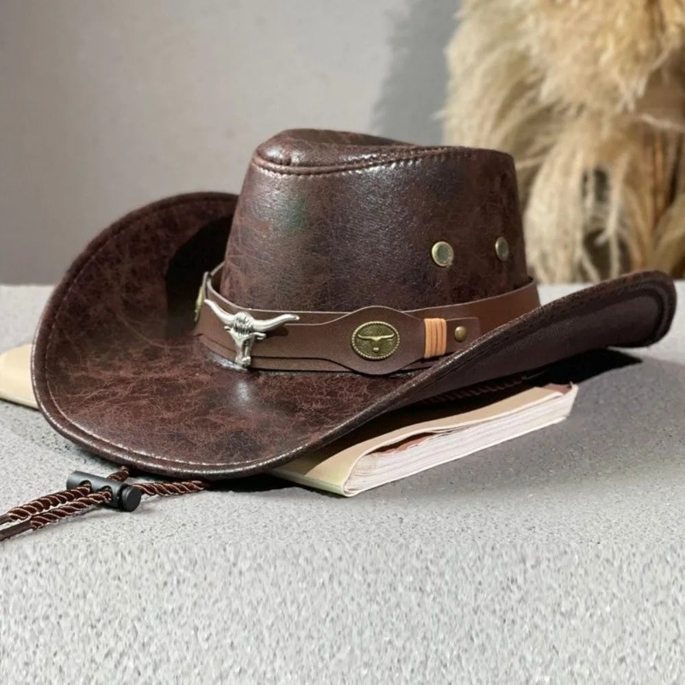 Fashion Bull Head Buckle Western Cowboy Hat Vintage Retro Wide Brim Sun Hat Faux Leather Cowboy Hat For Men Women Unisex