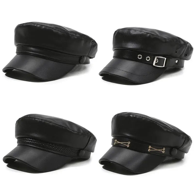 British Style Berets Visor Pu Leather Flat Top Hat Retro Black Painter Hat Classic Versatile Adjustable Beret Casual Sun Hats