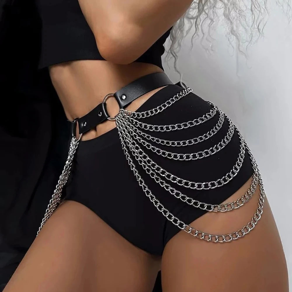 Gothic Punk Black PU Leather Belt with Fringe, Adjustable Harness Waist Chain for Women, Rockabilly Halloween Festival Accessory