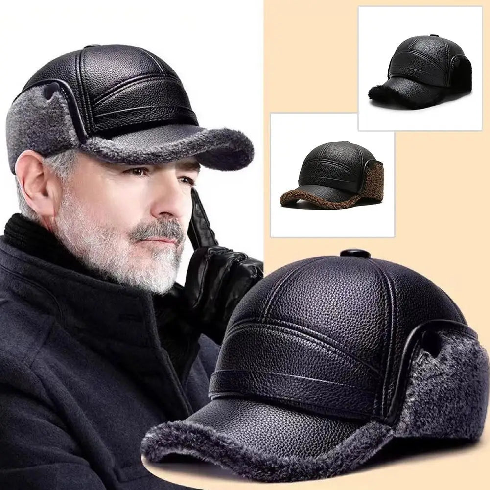 Leather Hat Winter Waterproof Thicken Earmuffs Warm Russian Ski Hat Windproof Cold Flat Cap For Elder Men Women Essential Winter